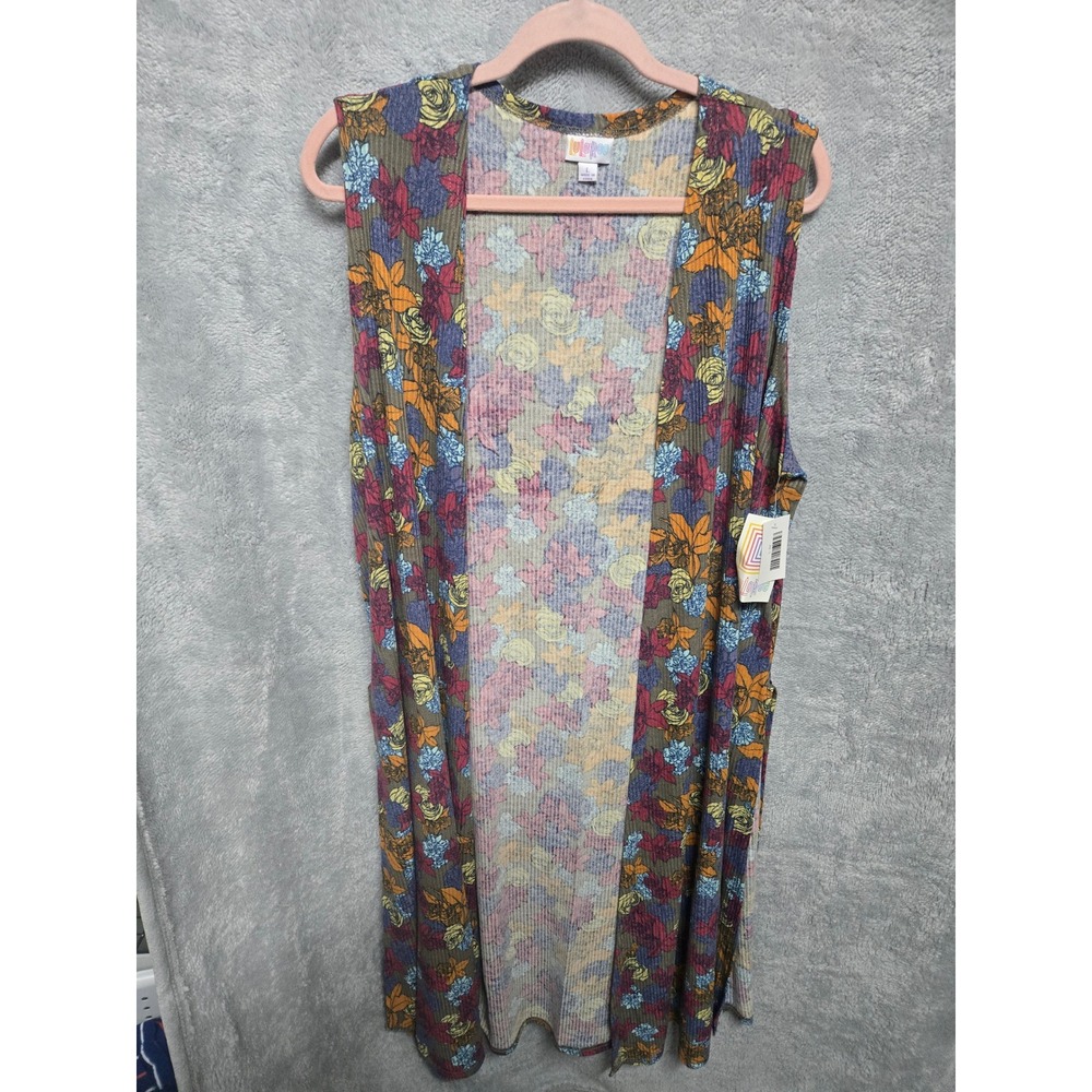 LuLaRoe Joy Vest Large Floral Ribbed Knit Sleeveless Longline Duster Olive Multi